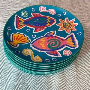 PRECISIONCRAFT NAUTICAL Fish, Sea and Sun MELAMINE 8 Plate set Gently Used.